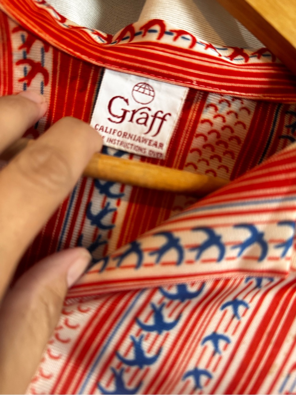 Vintage Graff Women’s Red Stripes, Blue Birds Button-Down Shirt